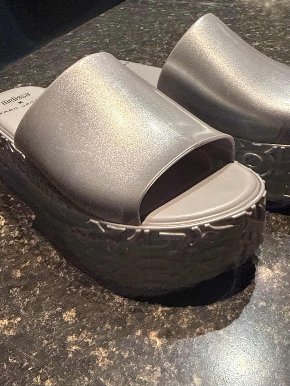Marc Jacobs Silver Glitter Platform Slide Sandals
